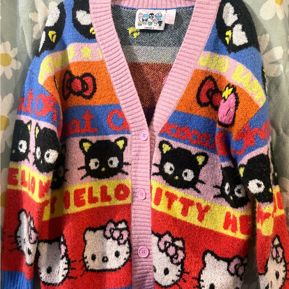 Sanrio Multicolor Hello Kitty & Chococat Knit Cardigan with Pink Trim